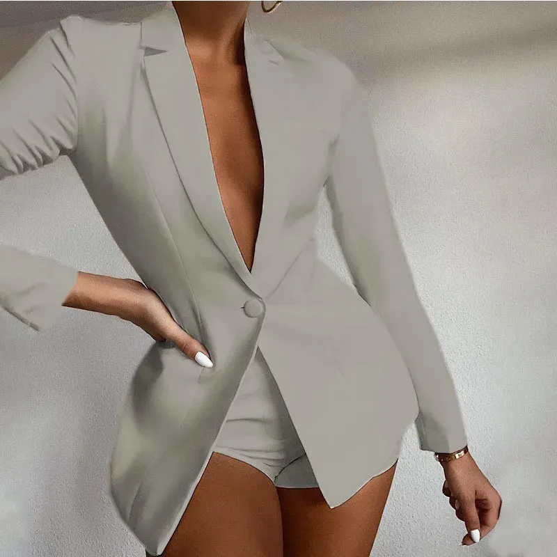 2024 Autumn Winter Women Two Piece Blazer Suit Elegant Office Lady Long Sleeve One Button Coat Jacket Shorts Set Outfits