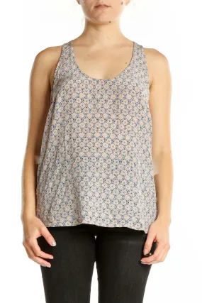 Beige Floral Print Silk Tank Top