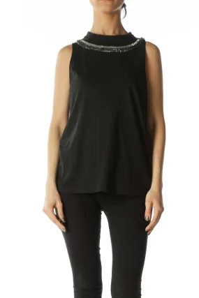 Black Beaded Mock-Neck Tank Top