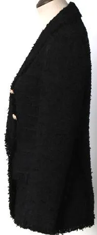 Black Double Breasted Fringed Tweed Blazer