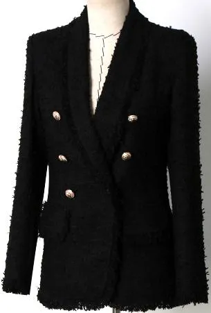 Black Double Breasted Fringed Tweed Blazer