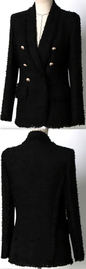 Black Double Breasted Fringed Tweed Blazer