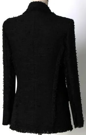 Black Double Breasted Fringed Tweed Blazer