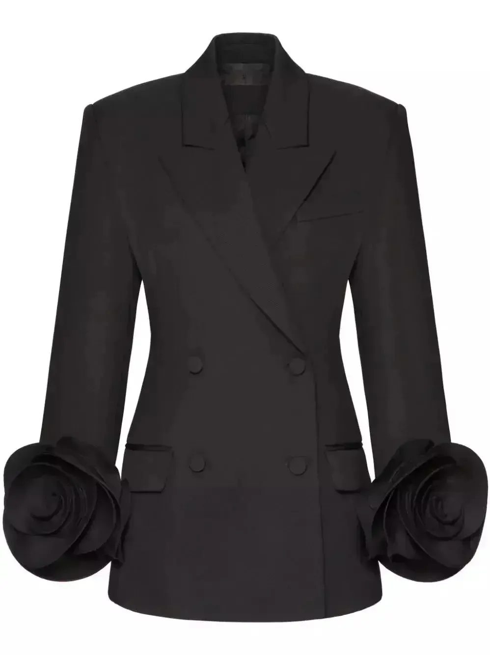 Black Rose-Applique Double-Breasted Blazer