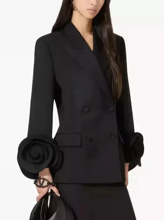 Black Rose-Applique Double-Breasted Blazer