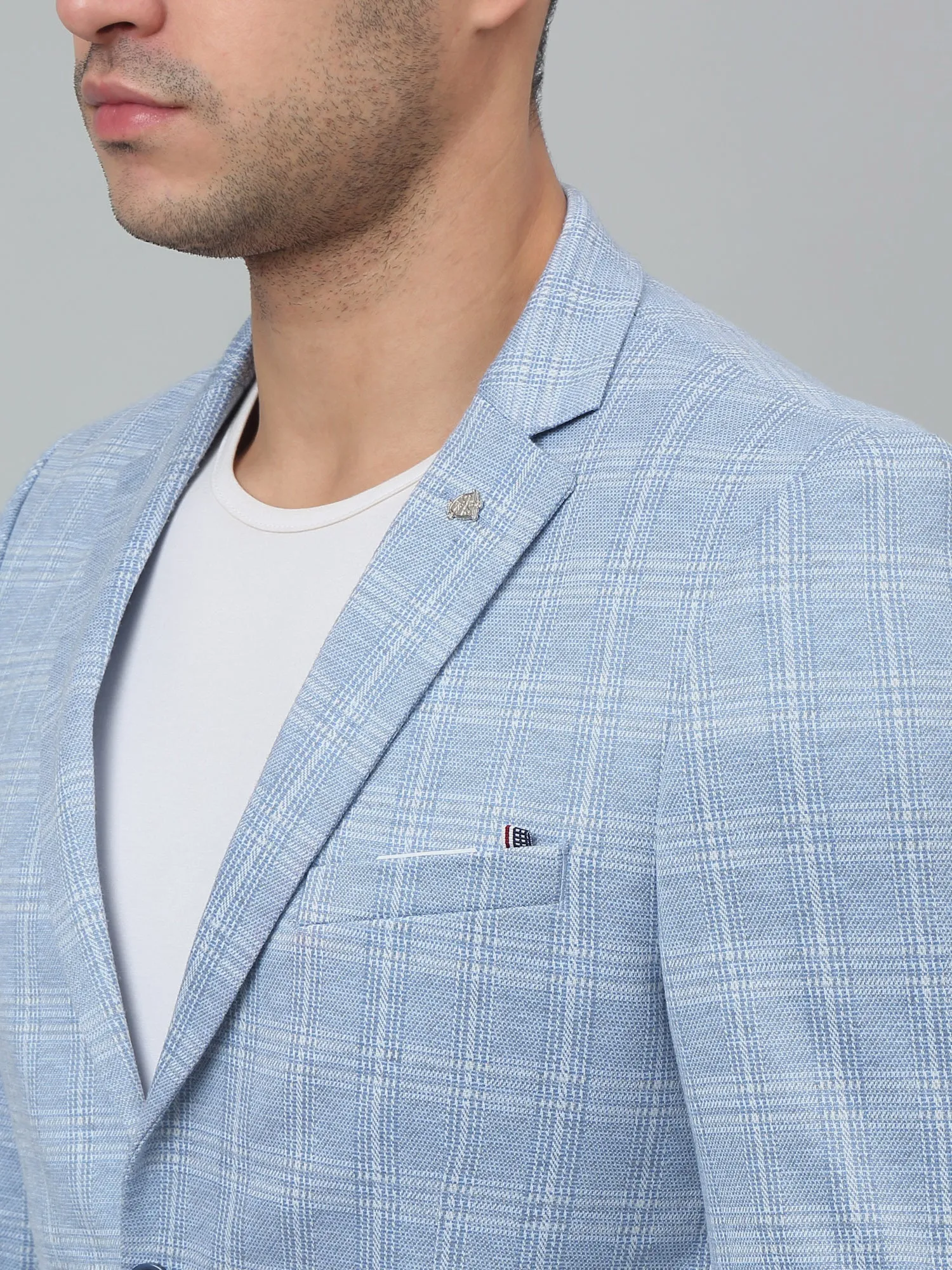 Blue Checkered Full Sleeves Casual Blazer For Men