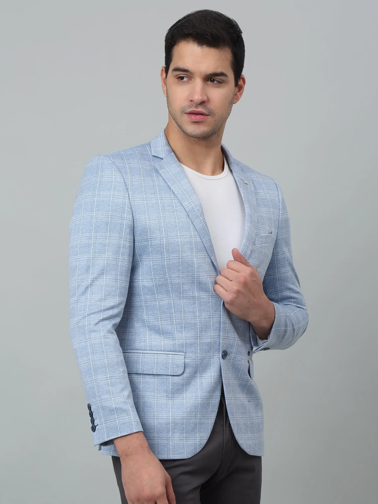 Blue Checkered Full Sleeves Casual Blazer For Men