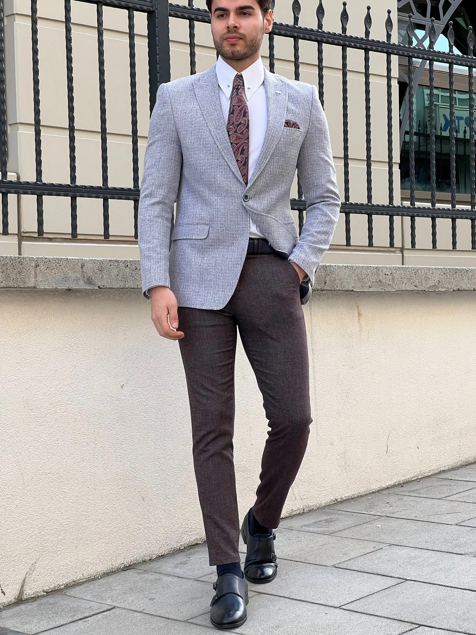 Bojoni Montebello Slim Fit High Quality Knitted Grey & Purple Blazer