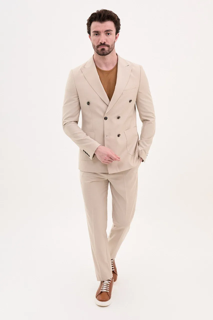 Bojoni Pezza Slim Fit Beige Double Breasted Blazer