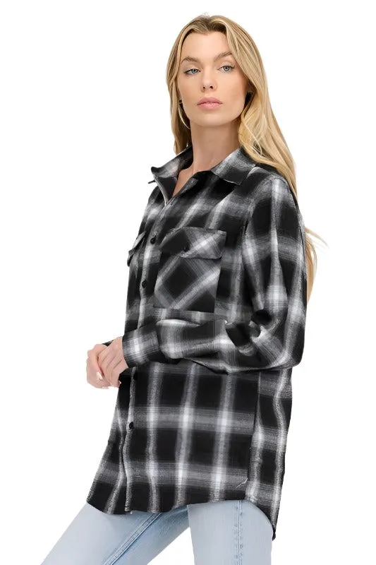 Boyfriend Fit Checker Plaid Flannel Long Sleeve