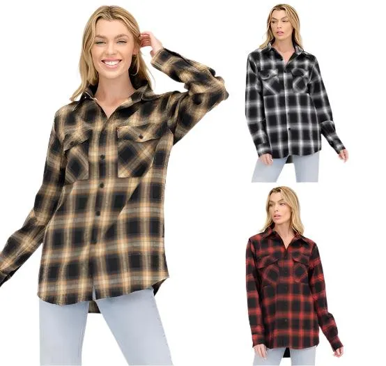 Boyfriend Fit Checker Plaid Flannel Long Sleeve