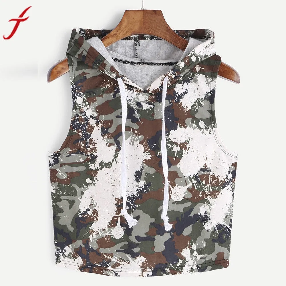 Camouflage Tank Tops Women 2017 Fashion Sexy Hooded Crop Sleeveless T-Shirt Tops Army Green Tank Tops Ladies' Vest