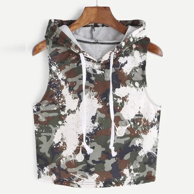 Camouflage Tank Tops Women 2017 Fashion Sexy Hooded Crop Sleeveless T-Shirt Tops Army Green Tank Tops Ladies' Vest