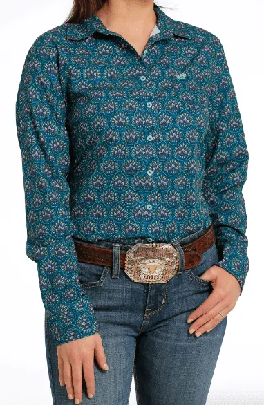 Cinch Women's ArenaFlex Teal Paisley Button Long Sleeve Western Shirt MSW9163017