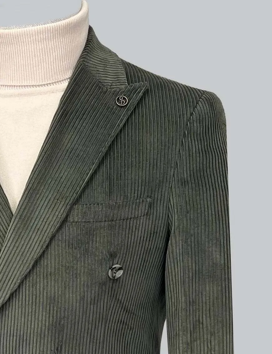 Double Breasted Velvet Blazer -  Olive