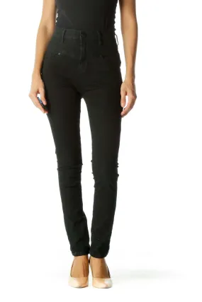 Faded Black High Waist Front Unique Design Slim Pants