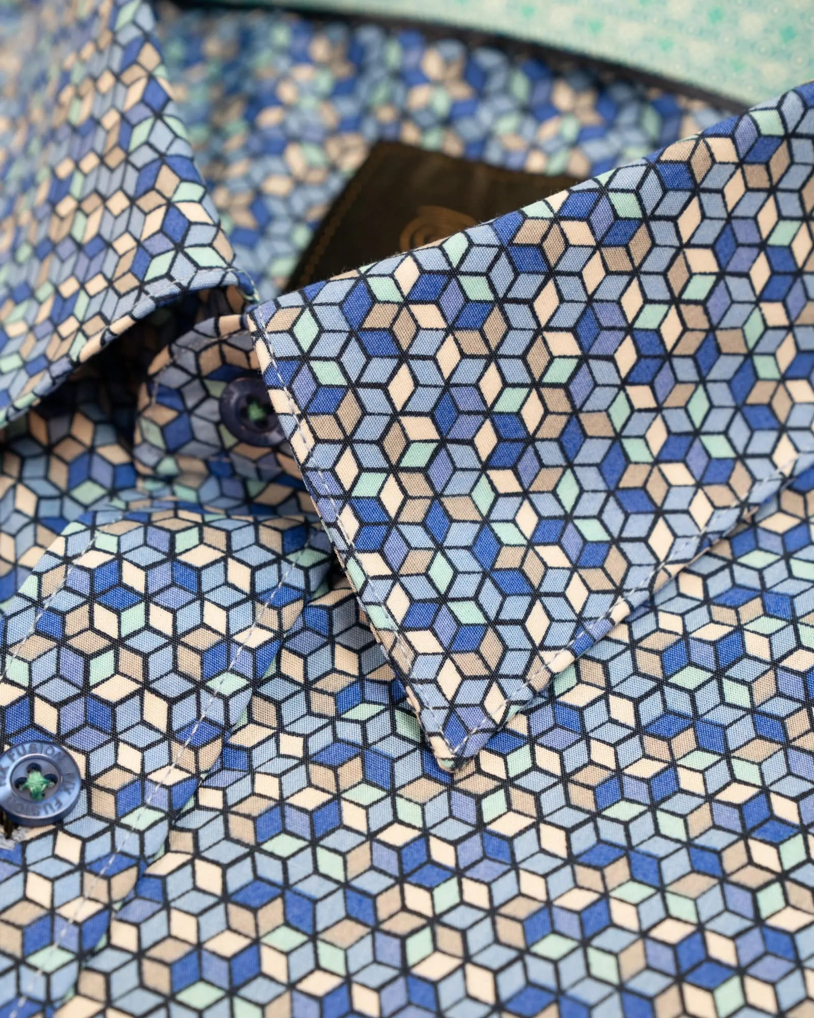 F/X Fusion Royal and Teal Mosaic Print Hidden Button Down Sport Shirt