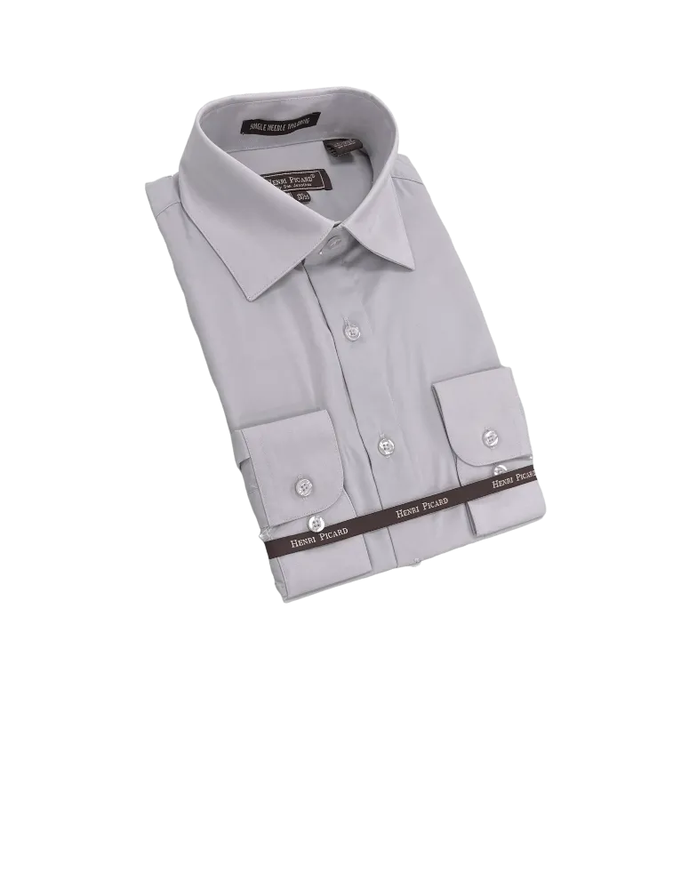 Gray men's long sleeves dress shirt spread collar convertible cuff regular fit