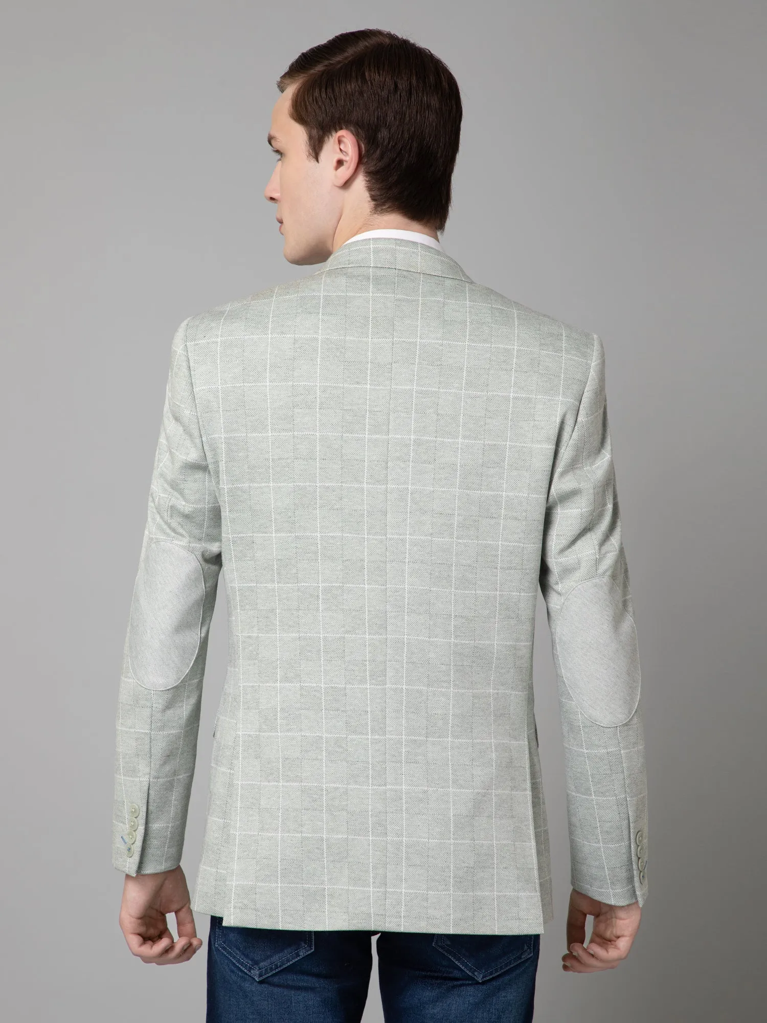 Green Checkered Full Sleeves Casual Blazer For Men