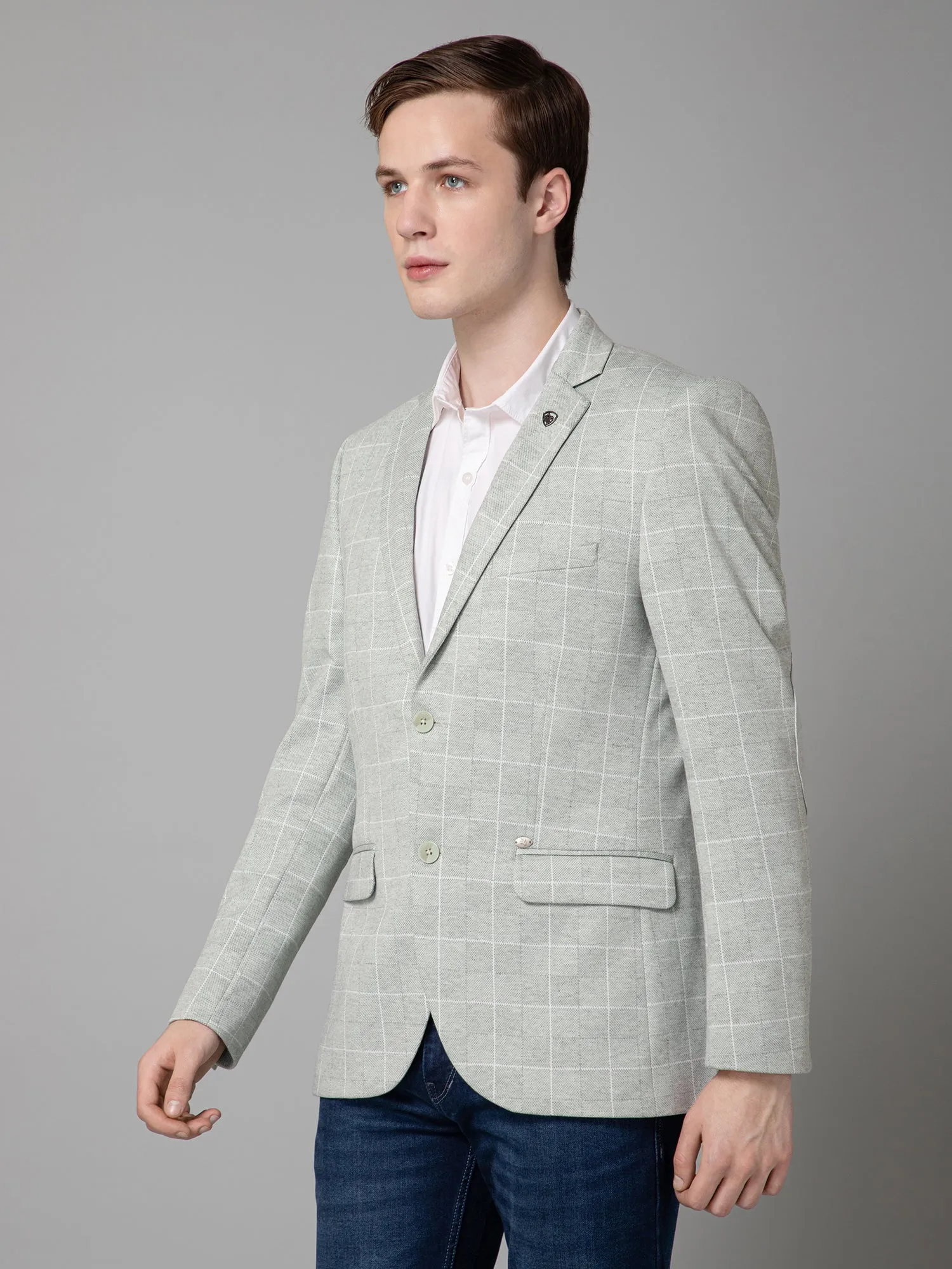 Green Checkered Full Sleeves Casual Blazer For Men