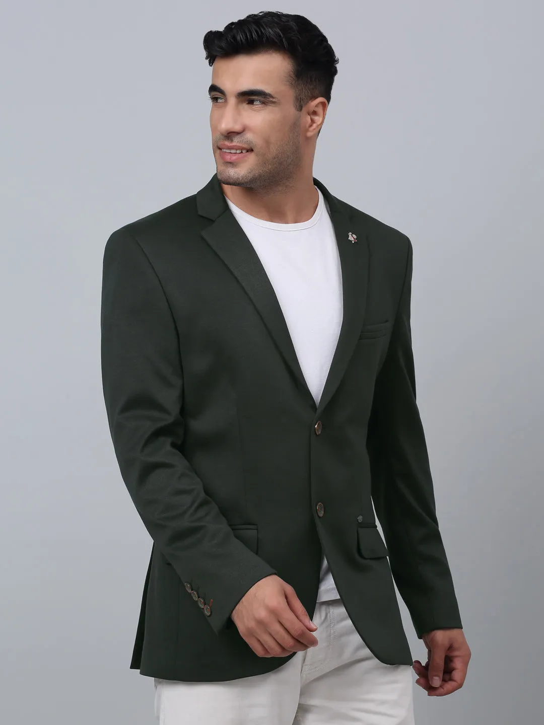 Green Solid Full Sleeves Casual Blazer For Men