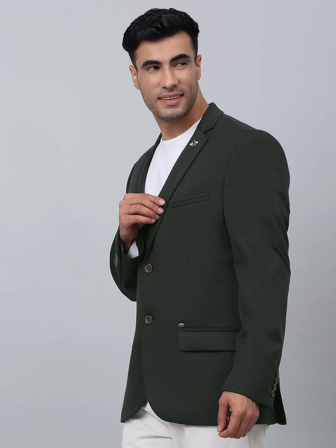 Green Solid Full Sleeves Casual Blazer For Men