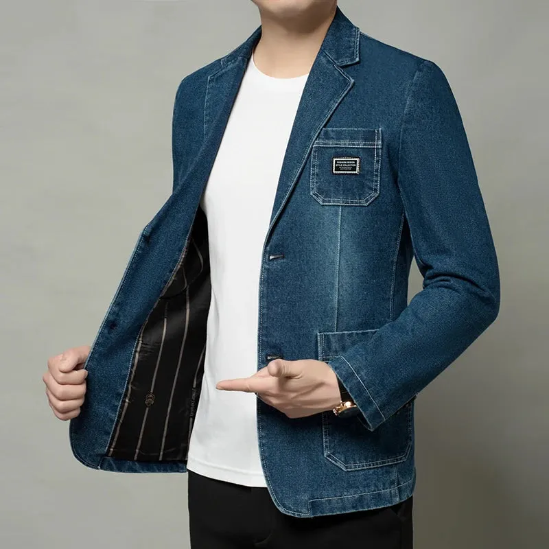 Hnzxzm 2024 New Mens Denim Blazer Coat Fashion Casual Denim Jacket Men Cotton Vintage Black Blue Denim Jacket Coat Men Jeans Blazers