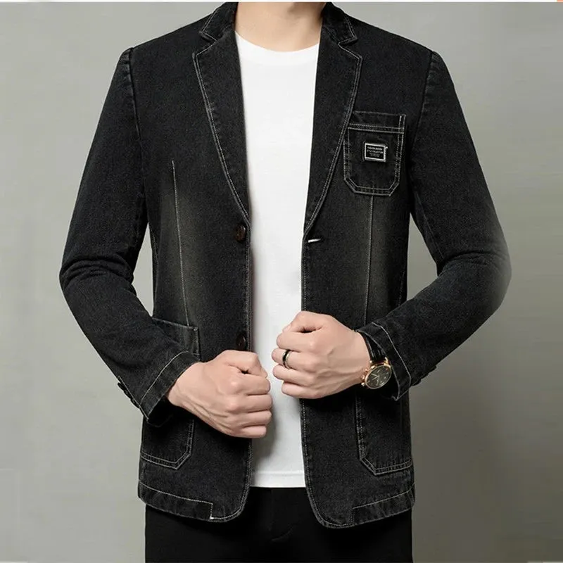 Hnzxzm 2024 New Mens Denim Blazer Coat Fashion Casual Denim Jacket Men Cotton Vintage Black Blue Denim Jacket Coat Men Jeans Blazers