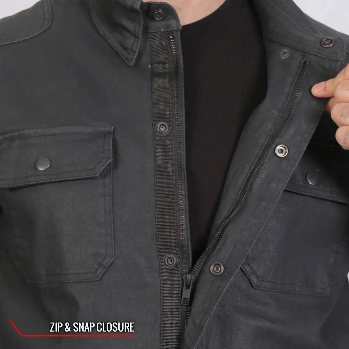 Hot Leathers JKM6003 Men's Black Waxed Cotton Concealed Carry Motorcycle Casual Shirt Jacket