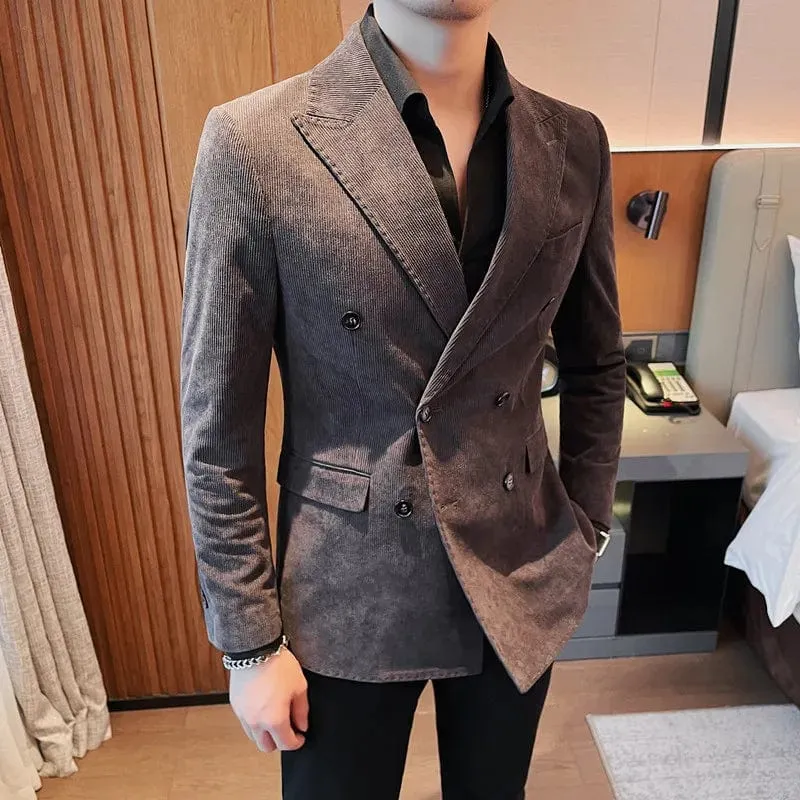 Luxury Double-Breasted Corduroy Blazer Jackets: Sleek Business Slim Fit with Casual Striped Suit Coats