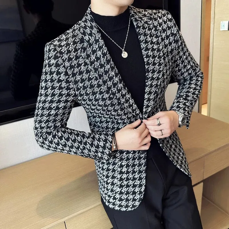 Luxury Men's Blazer Thick Plaid Slim Fit High Quality Suit Jacket