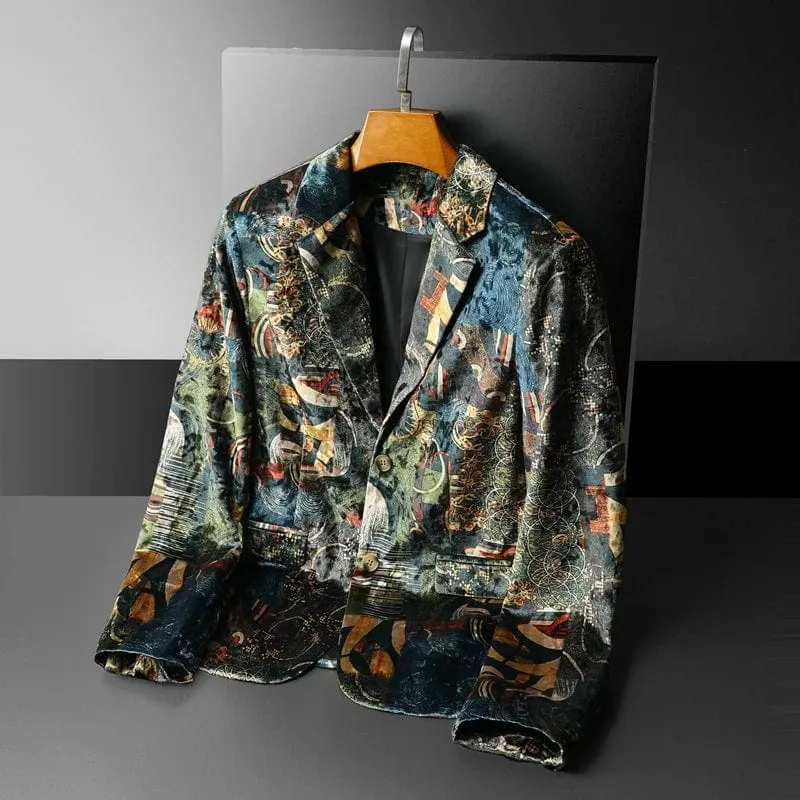 Luxury Print Vintage Men's Blazer Smart Casual Suit Jacket Slim Fit Streetwear