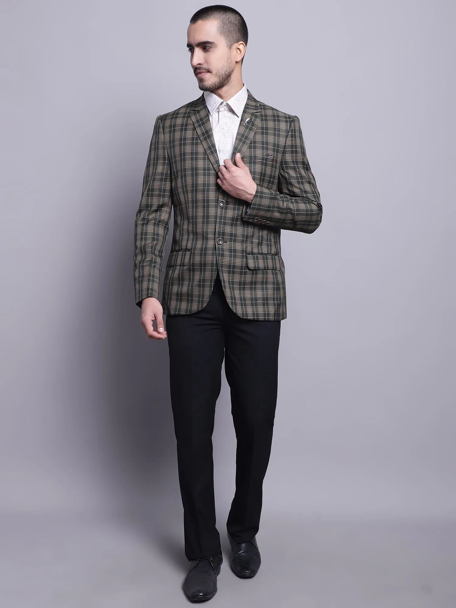 Men Olive checked Full Sleeves Formal Blazer