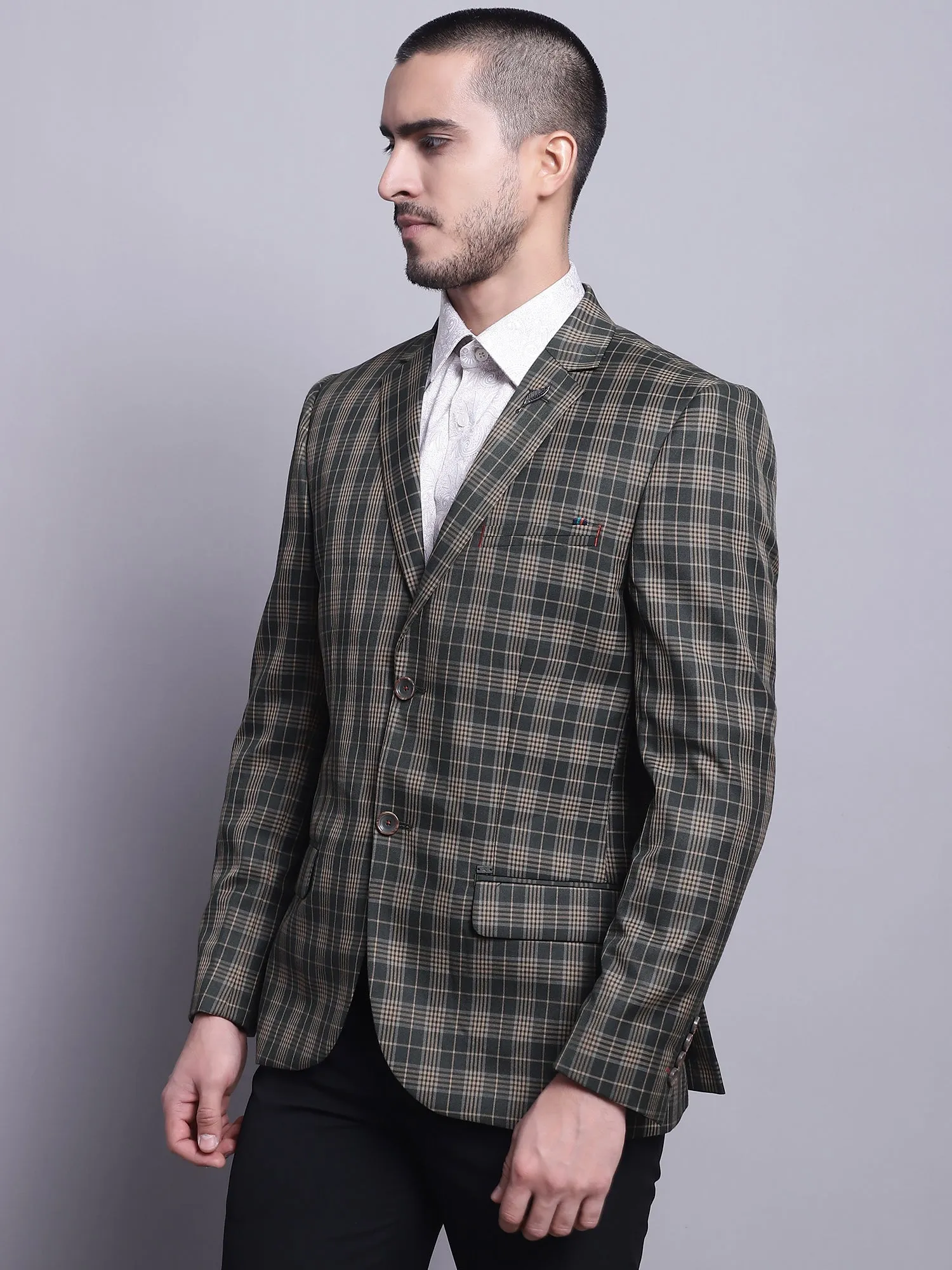 Men Olive checked Full Sleeves Formal Blazer