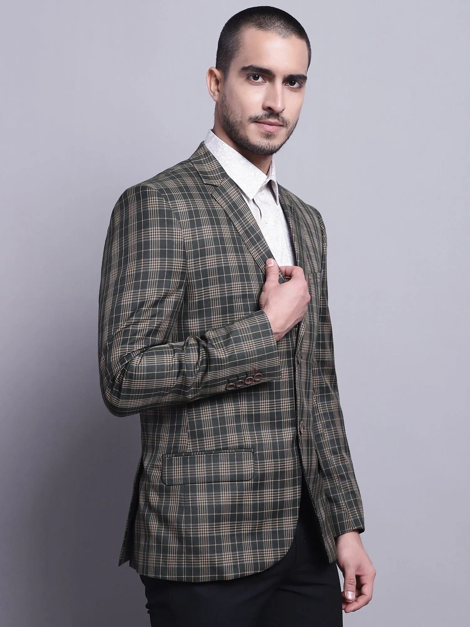 Men Olive checked Full Sleeves Formal Blazer