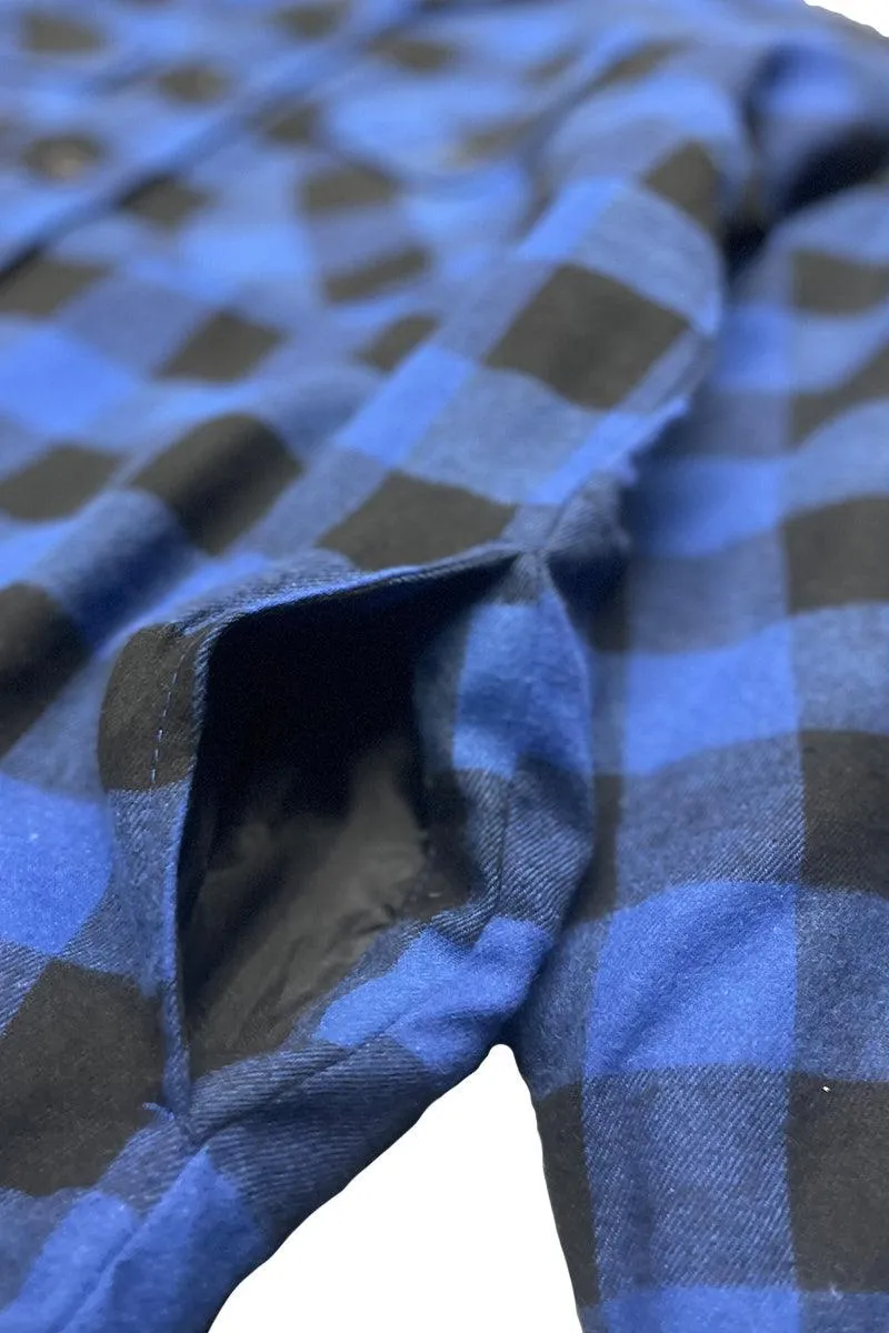 Mens Black Blue Plaid Quilted Flannel Shirt