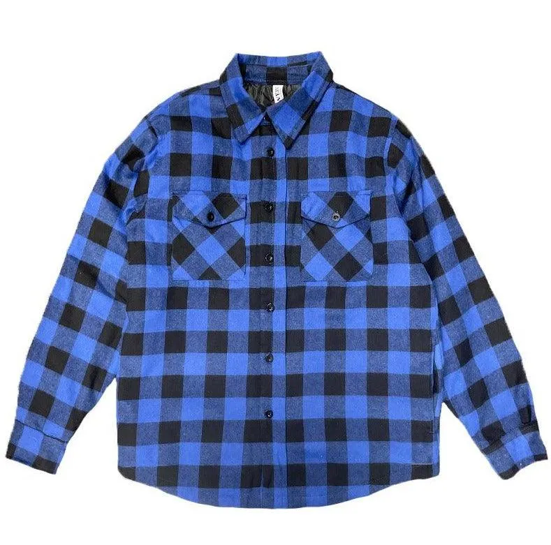 Mens Black Blue Plaid Quilted Flannel Shirt