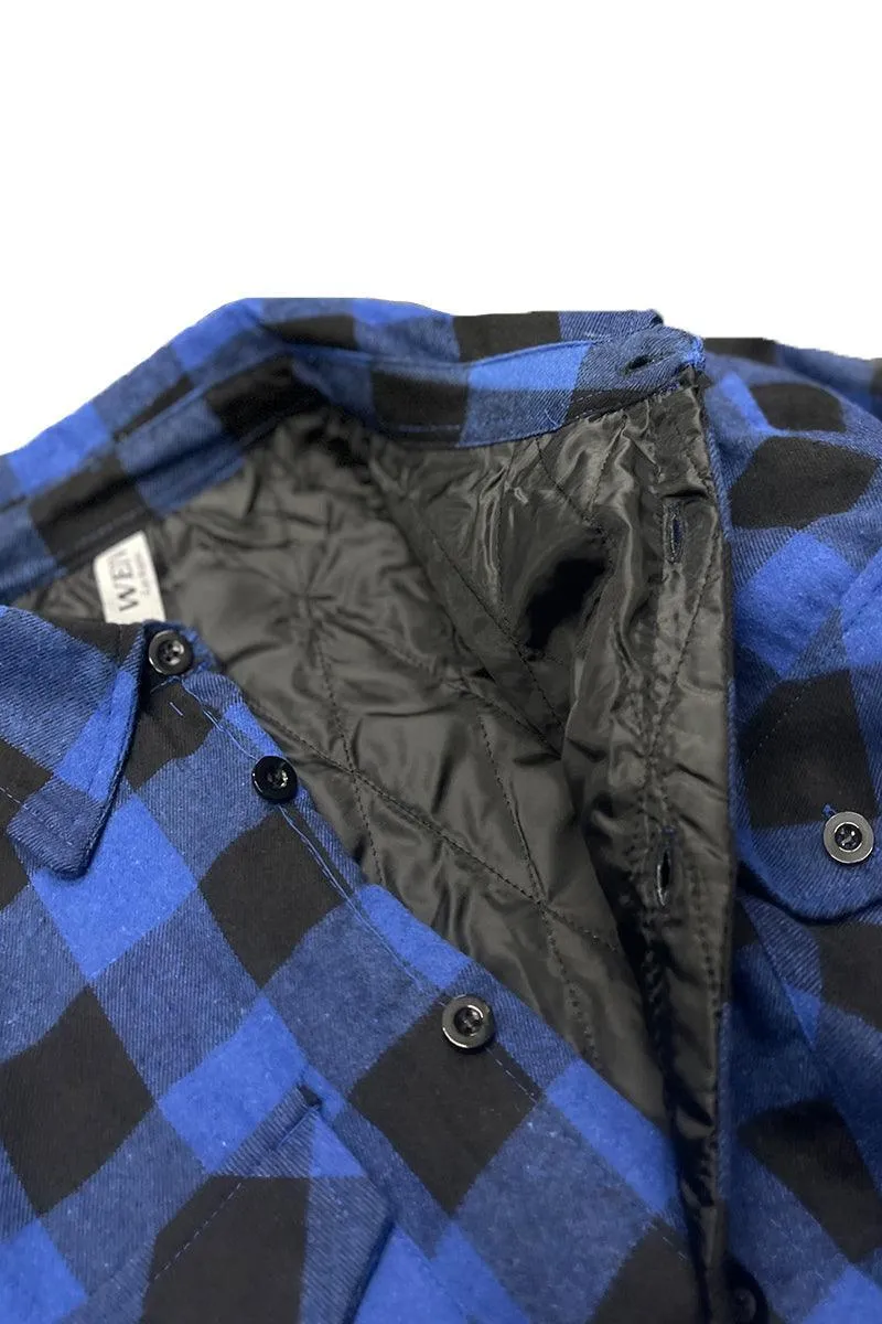 Mens Black Blue Plaid Quilted Flannel Shirt