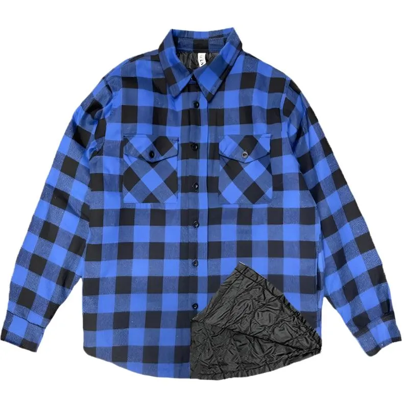 Mens Black Blue Plaid Quilted Flannel Shirt