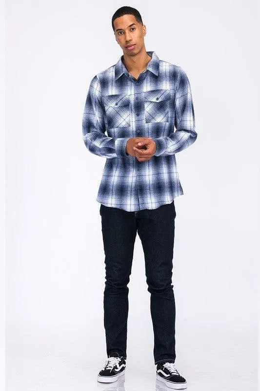 Mens Casual Fit Checker Plaid Flannel Long Sleeve Shirts