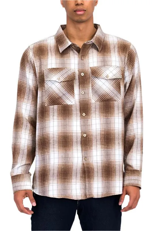 Mens Casual Fit Checker Plaid Flannel Long Sleeve Shirts