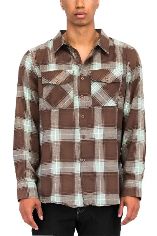 Mens Casual Fit Checker Plaid Flannel Long Sleeve Shirts