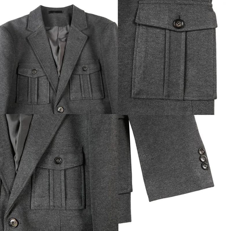 Men's Woolen Cloth Suit Jackets Slim Fit High Quality Pocket Decoration Blazer