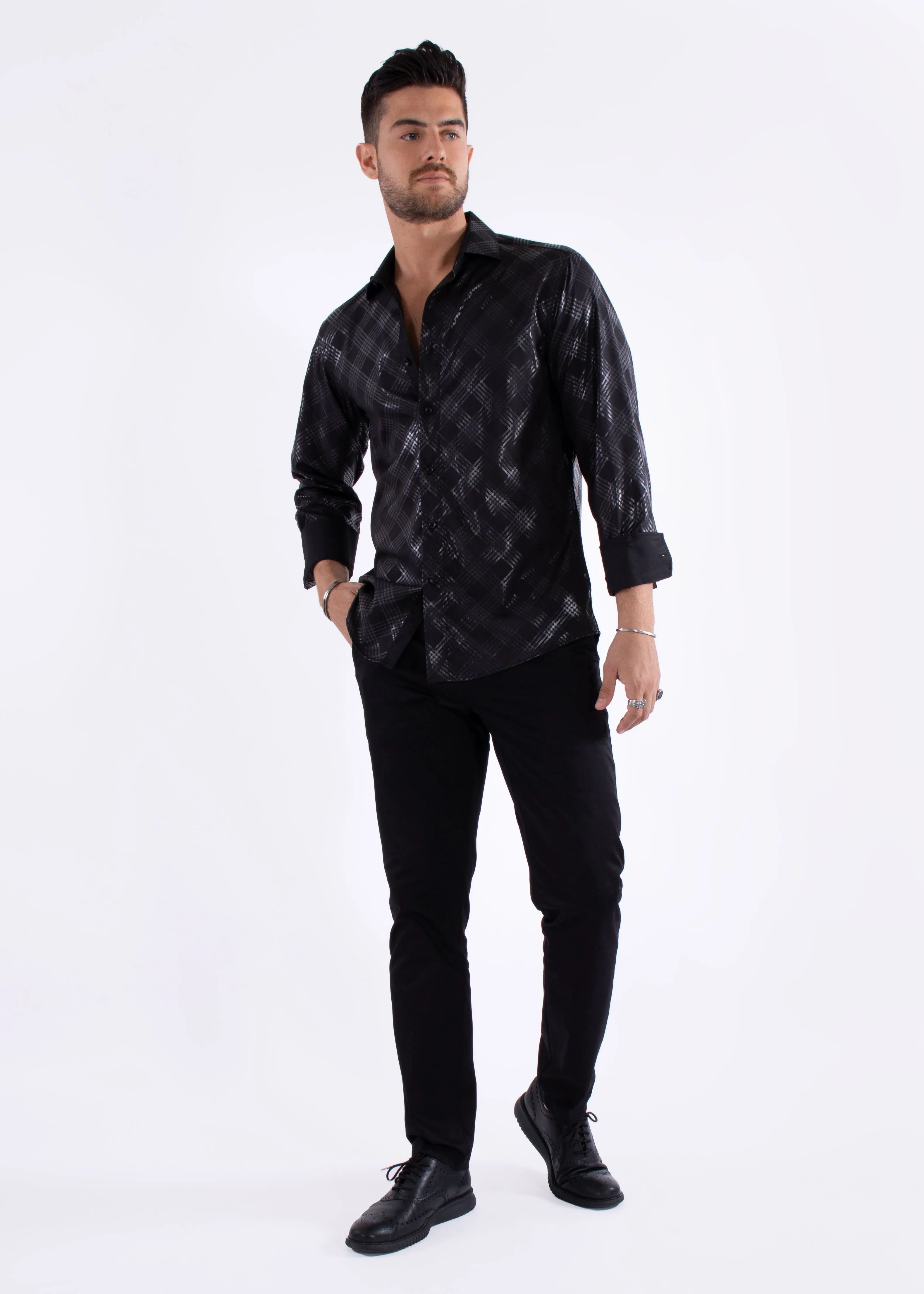 Metallic Criss-Cross Pattern Dress Shirt