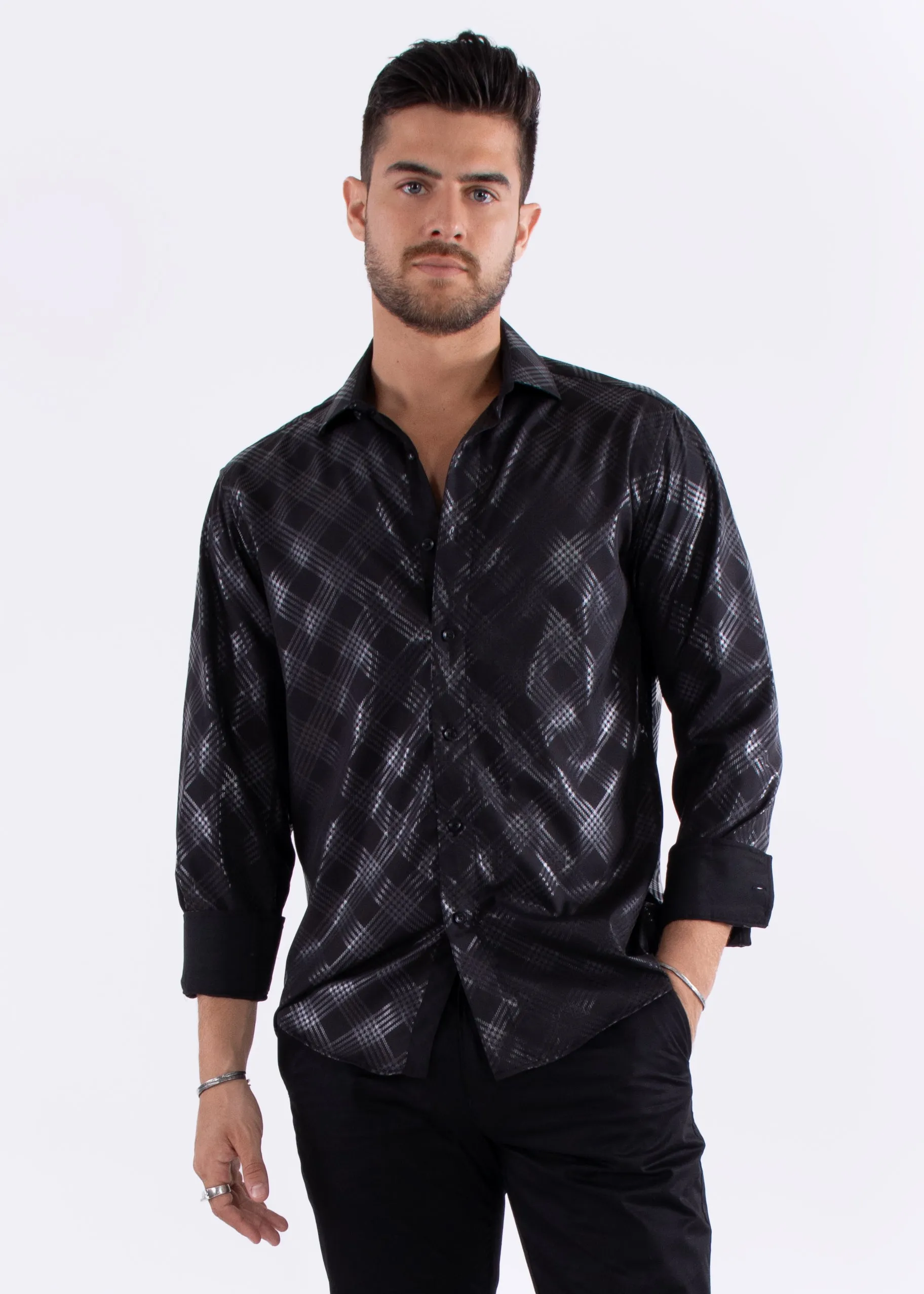 Metallic Criss-Cross Pattern Dress Shirt