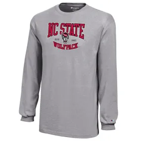 NC State Wolfpack Champion Youth Oxford Heather Grey Wolfhead Estang Sleeve T-Shirblished 1887 Lot