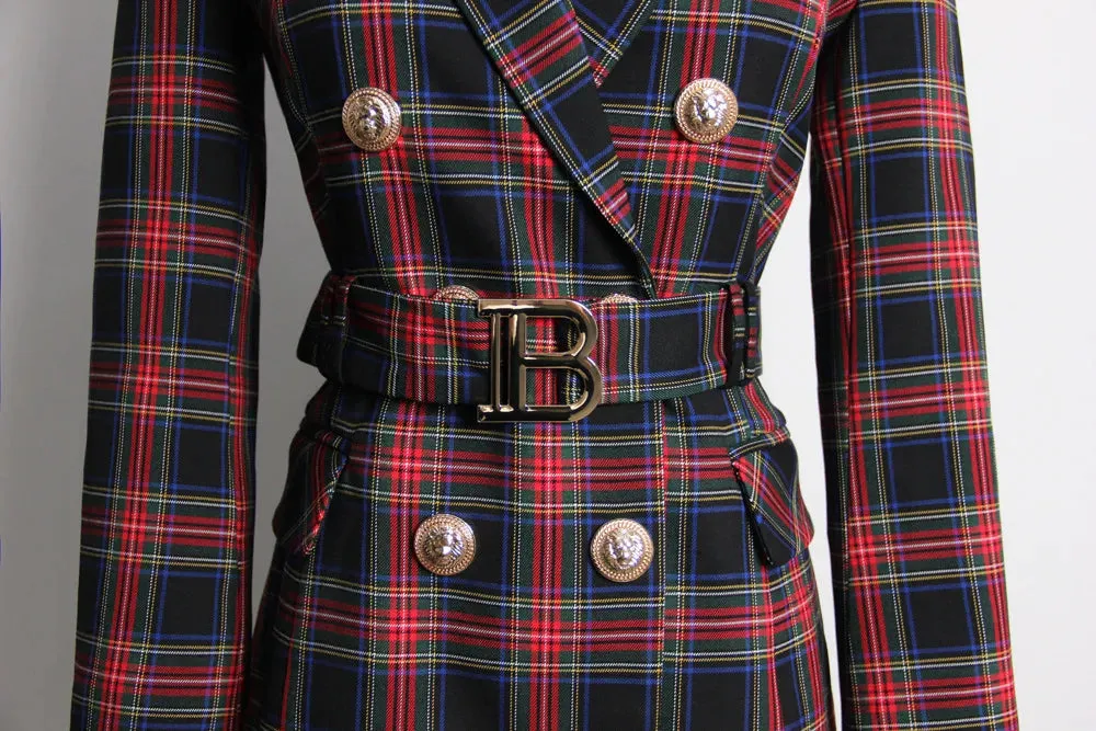 Plaid Double-Breasted Blazer Dress with Belt