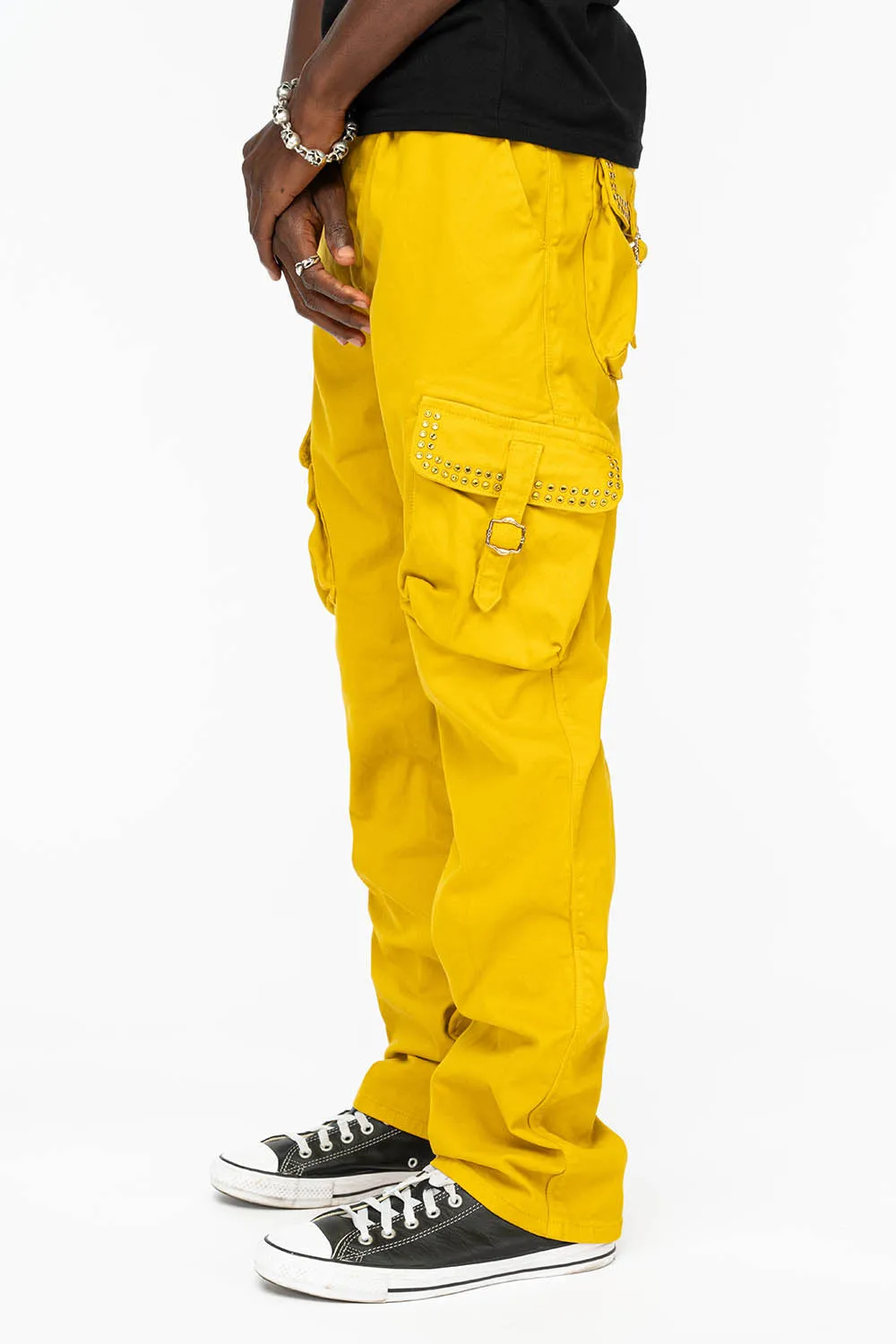 ROBINS NEW MILITARY STYLE CARGO PANTS IN MUSTARD WITH CITRINE CRYSTALS