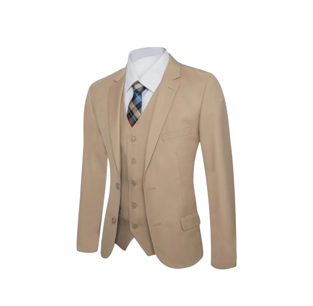 Royal Suit Beige Men's Slim-Fit 3pieces Suit with Vest