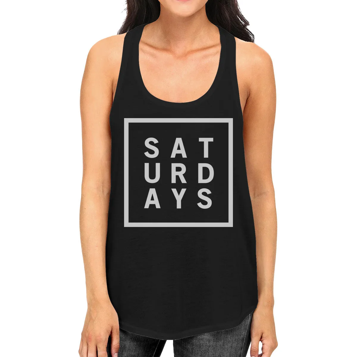 Saturdays Womens Sleeveless Black Tank Top Typography Trendy Tops